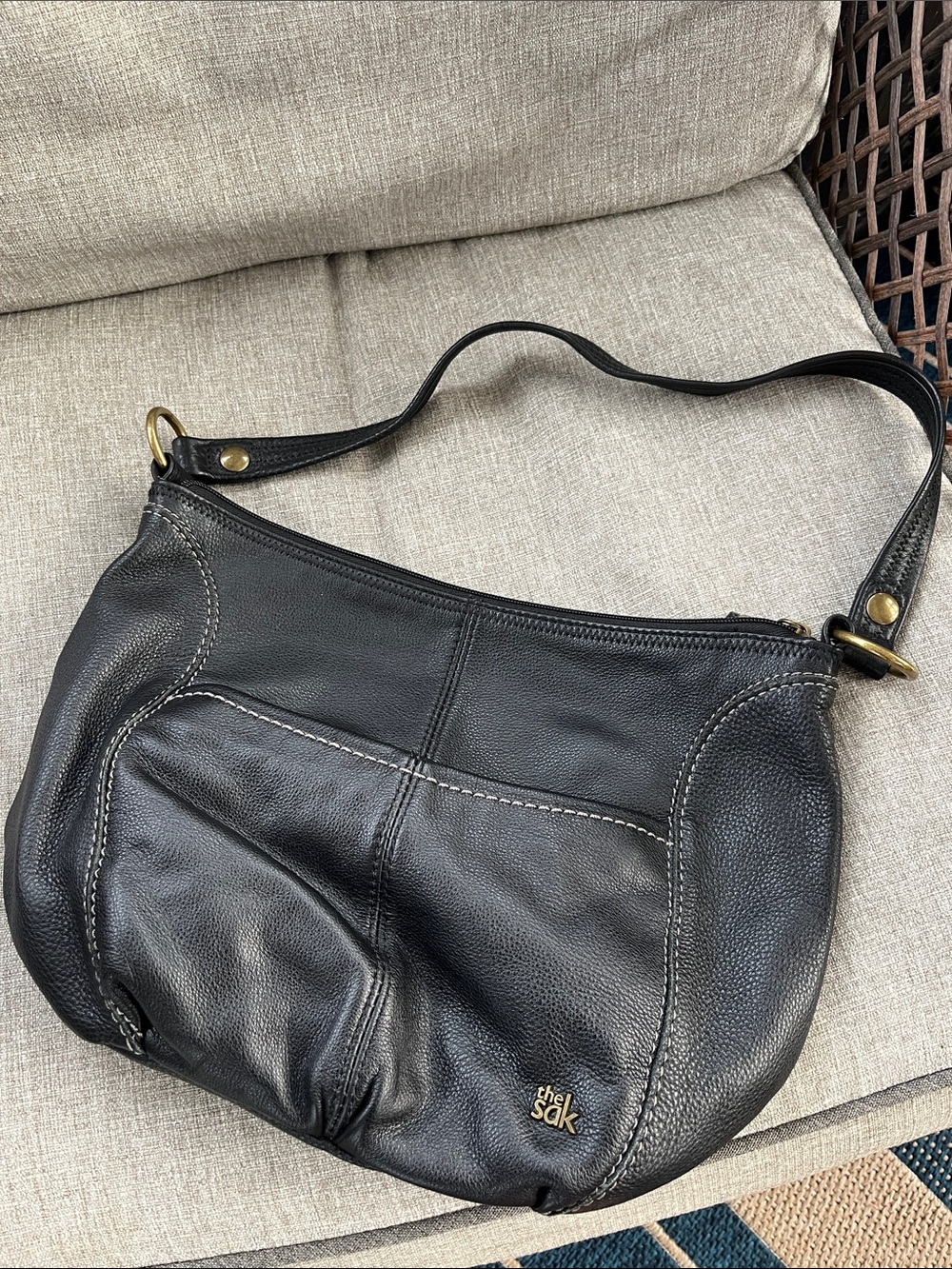 The Sak Black Leather Hobo Shoulder Bag with Gold-Tone Accent
